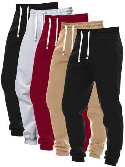 5pcs Set Of Men's Solid Color Regular Fit And Cuffed Sweatpants With Drawstring And Pockets