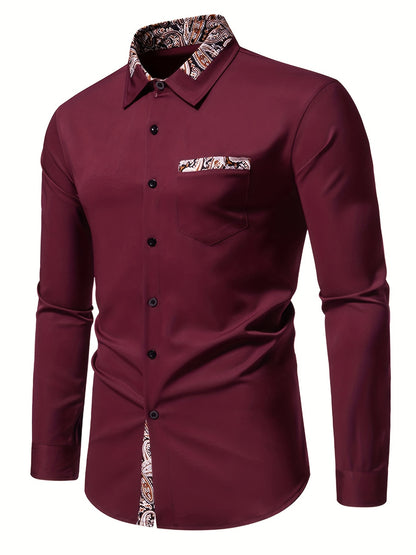 Men's Casual Paisley Print Long Sleeve Shirt with Button Down and Pocket Detail