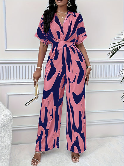 Allover Print V Neck Jumpsuit, Elegant Short Sleeve Wide Leg Jumpsuit