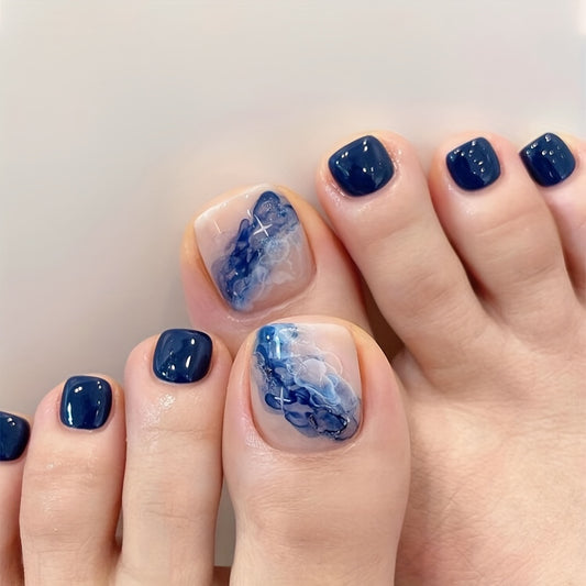 Blue Marble Nail Art False Toenails - Square Shape Short Nail Tips with Glossy Finish