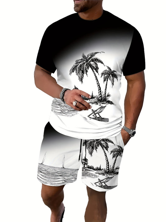 Men's Trendy Casual Comfy Tees & Shorts, Coconut Tree Graphic Print Crew Neck Short Sleeve T-shirt