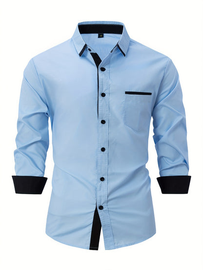 Elegant Color Block Men's Long Sleeve Button Up Shirt With Chest Pocket