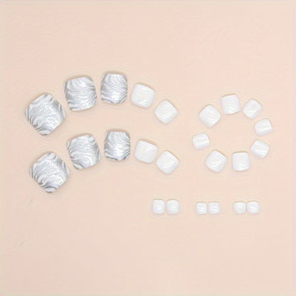 24-Piece Silver & White Animal Flame Pattern Glossy Square Short Press-On Nail Set for Toes