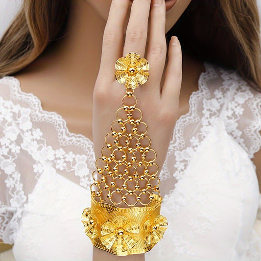 24K Gold Plated Vintage Classic Floral Hand Chain Bracelet – Alloy Fashion Jewelry for Women