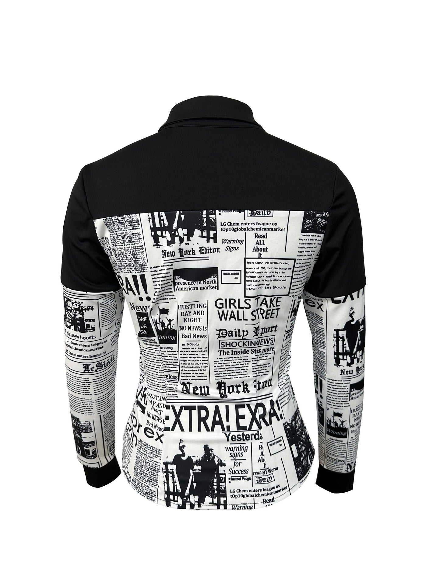 Newspaper Print Button Front Shirt, Casual Long Sleeve Slim Blouse