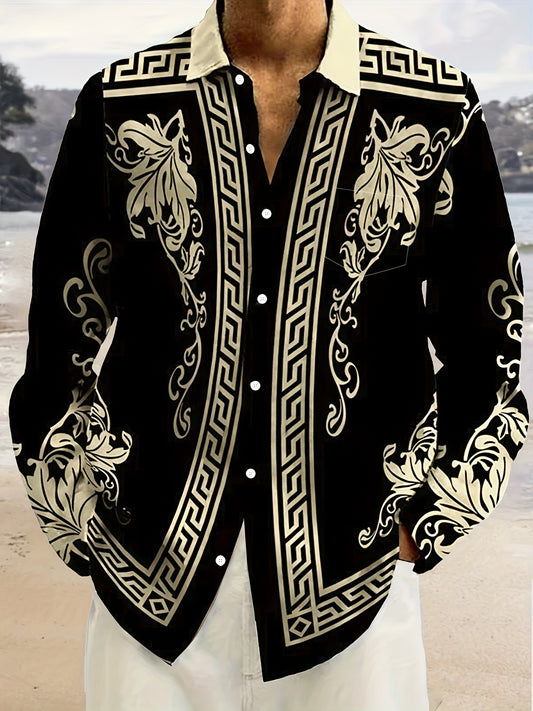 Vintage Baroque Court Style Floral 3D Print Men's Plus Size Buttons Pocket Long Sleeve Shirt