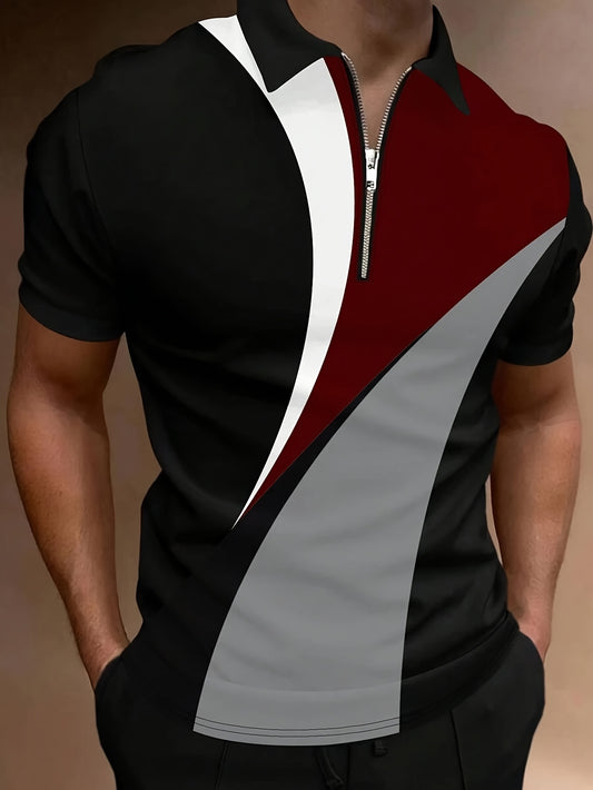 Men's Casual Geometric Pattern Polo Shirt with Zipper Detail