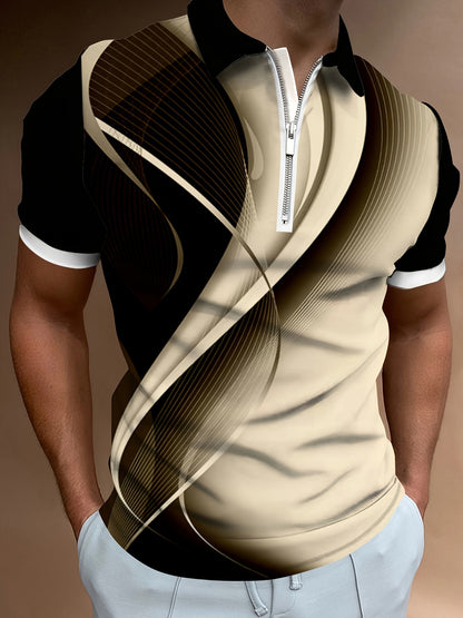 Geometric 3D Digital Print Men's Chic Short Sleeve Zipper Lapel Shirt