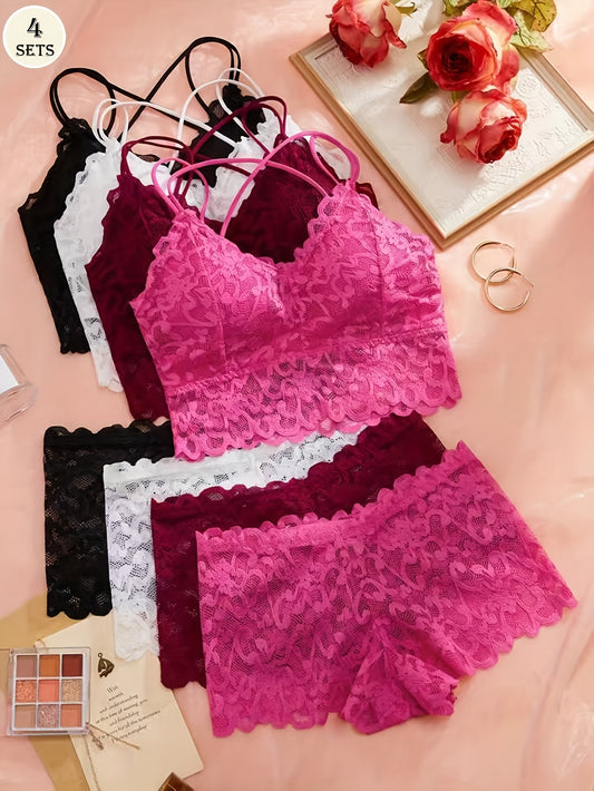 4pcs Sexy Lace Women's Lingerie Set - Wireless, Comfort Fit with Crisscross Back Bra & Boyshort Panties