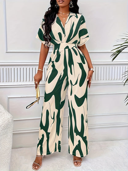 Allover Print V Neck Jumpsuit, Elegant Short Sleeve Wide Leg Jumpsuit