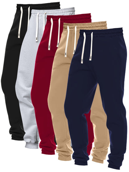 5pcs Set Of Men's Solid Color Regular Fit And Cuffed Sweatpants With Drawstring And Pockets