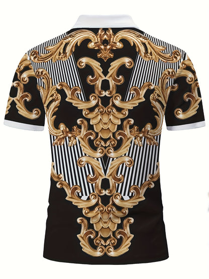 Men's Retro Baroque Print Golf T-Shirt, Short Sleeve Tee For Summer, Casual Trendy Top For Males