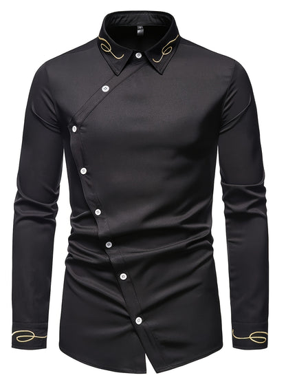 Embroidery Design Men's Stylish Asymmetrical Slim Long Sleeve Single Breast Shirt With Button