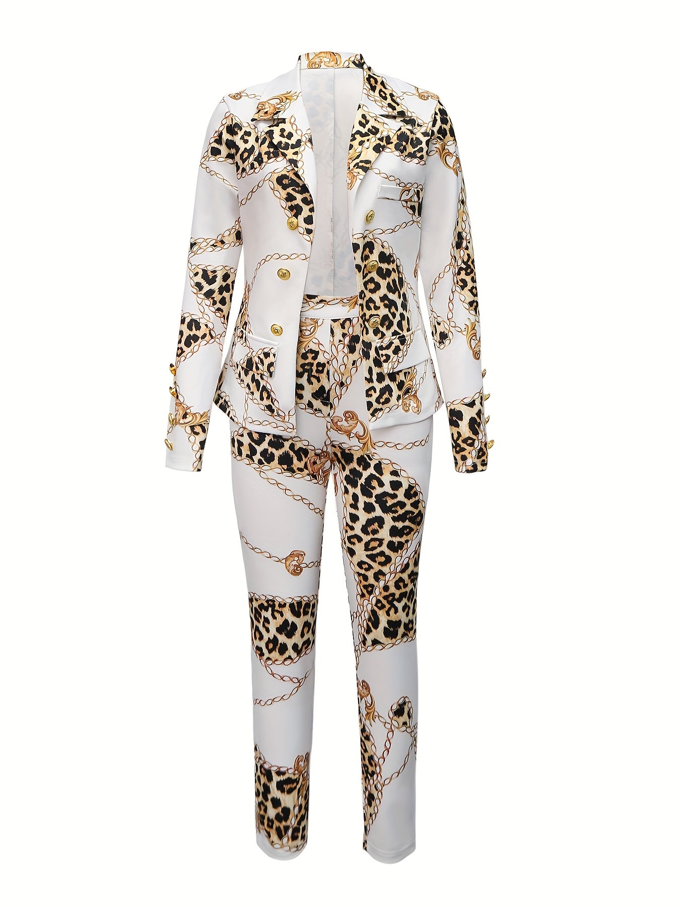 Chain Print Casual Two-piece Set, Lapel Long Sleeve Blazer & Pants Outfits