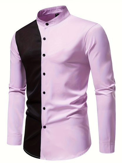 Color Block Long Sleeve Men's Stylish Stand Collar Shirt