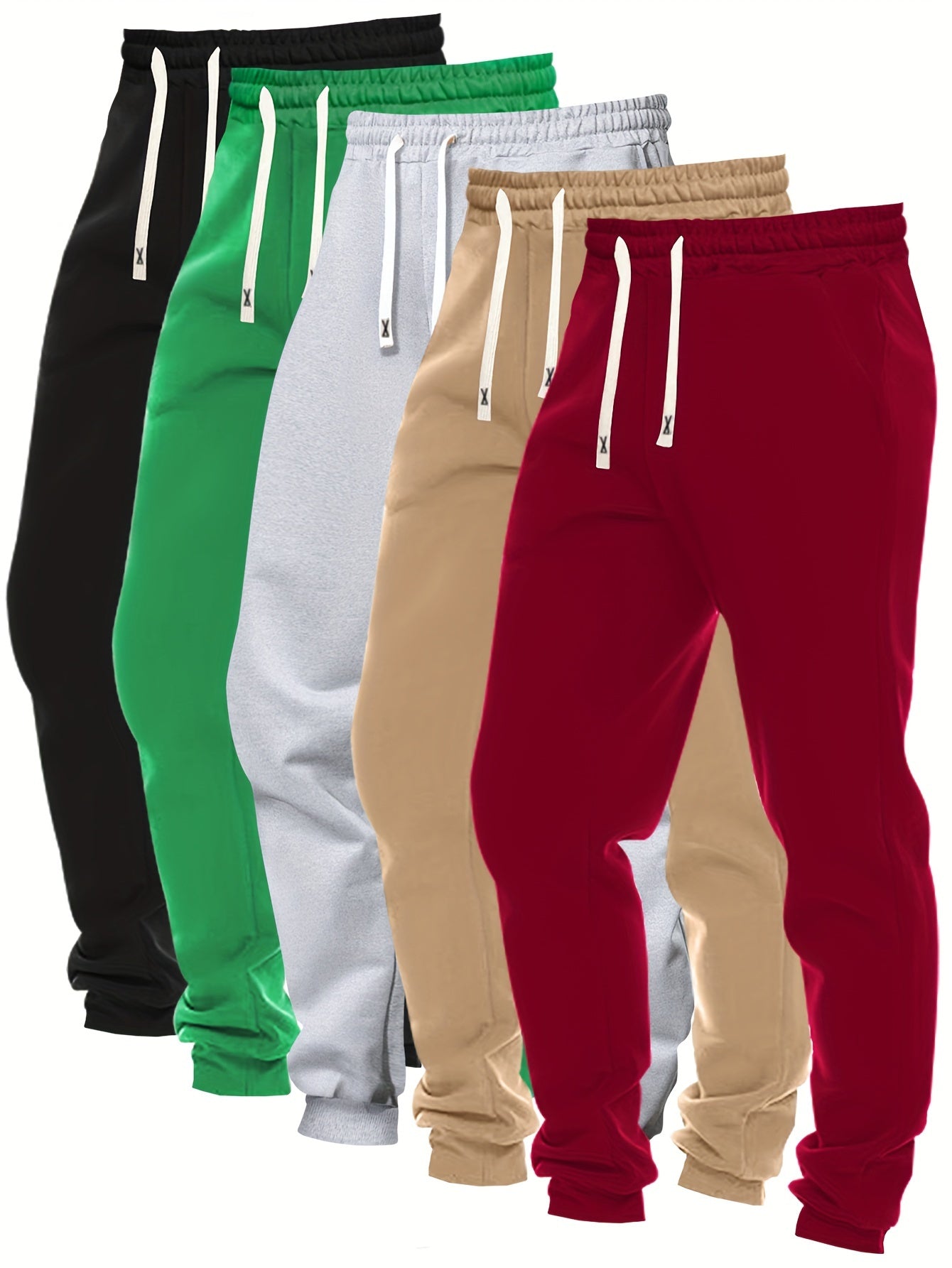 5pcs Set Of Men's Solid Color Regular Fit And Cuffed Sweatpants With Drawstring And Pockets