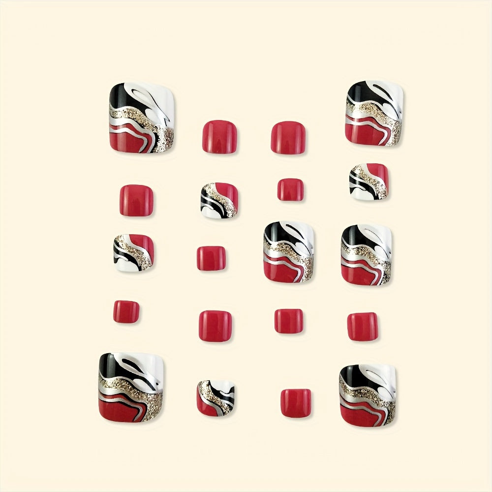 24pcs Set of Glossy Red & Black French Tip Press-On Toenails with Golden Accents