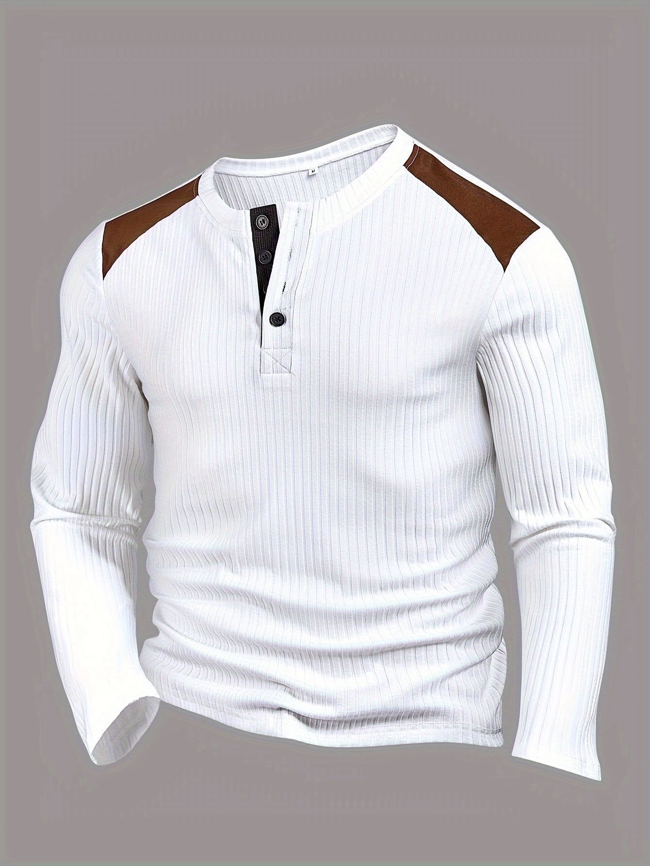 Men's Casual Henley Shirt with Color Block Design - Long Sleeve, Stretch Fabric