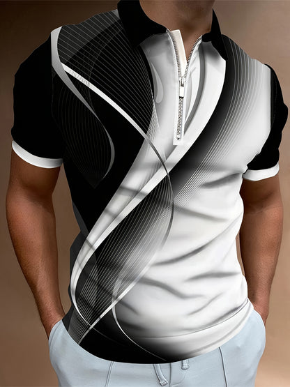 Geometric 3D Digital Print Men's Chic Short Sleeve Zipper Lapel Shirt