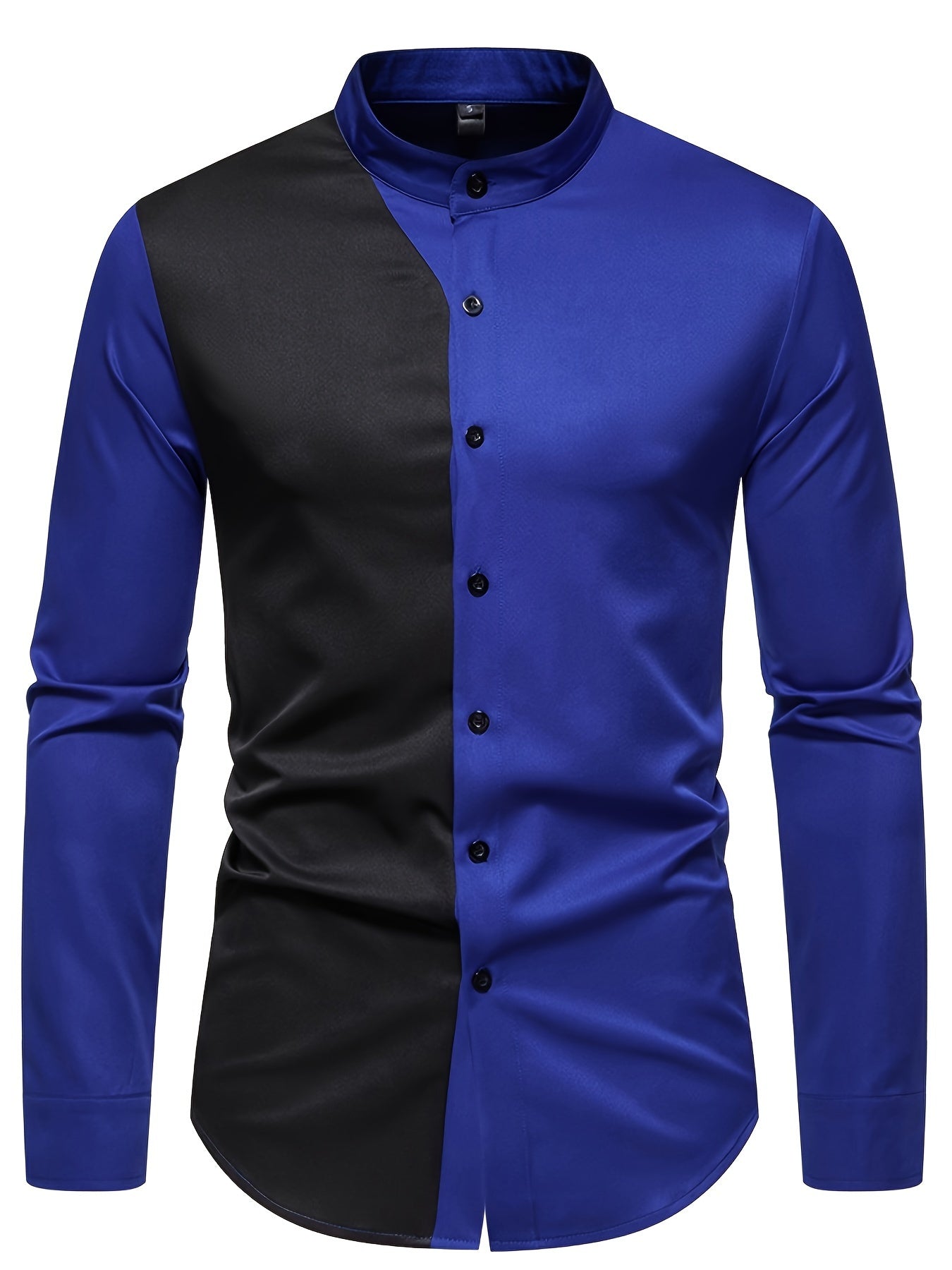 Color Block Long Sleeve Men's Stylish Stand Collar Shirt