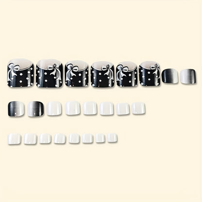 Chic Black & White Gradient Press-On Toenails - Glossy Finish, Short Square Shape with Cute Cartoon & Polka Dot Designs