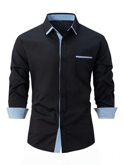 Elegant Color Block Men's Long Sleeve Button Up Shirt With Chest Pocket