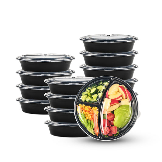 150 Packs 33 Oz Round Meal Prep Containers With Lids 3 Compartment, Round Bento Box, Food Storage Durable Stackable Reusable, BPA Free