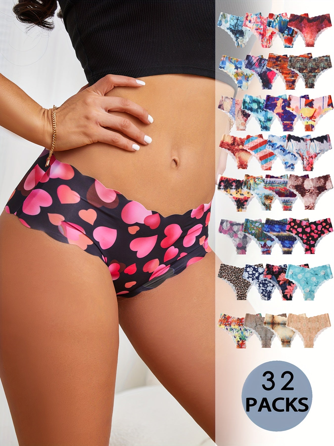 32pcs Fashion Allover Print Panties, Breathable & Comfy Seamless Intimates Panties, Women's Lingerie & Underwear