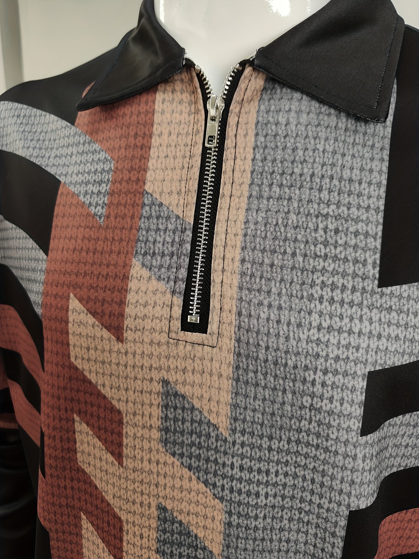 Men's Fashionable Long Sleeve Polo Shirt with Geometric Patterns