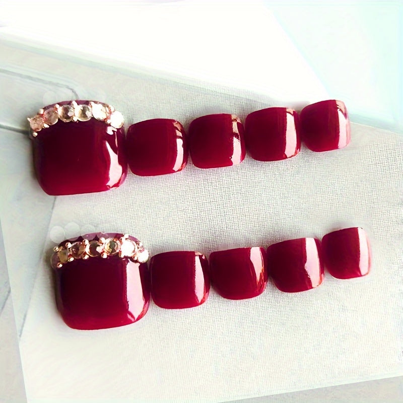 1 Set, Short Squoval Press On Toenails, Deep Wine Red Fake Nails With Rhinestones