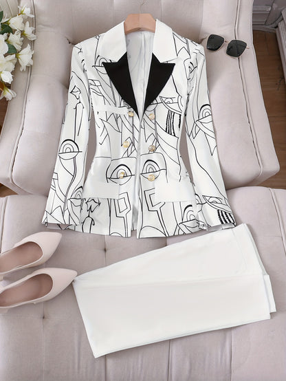 Elegant Abstract Print Pants Set, Double-breasted Long Sleeve Lapel Blazer & Solid Color Tapered Pants Outfits