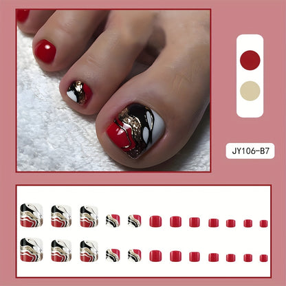 24pcs Set of Glossy Red & Black French Tip Press-On Toenails with Golden Accents