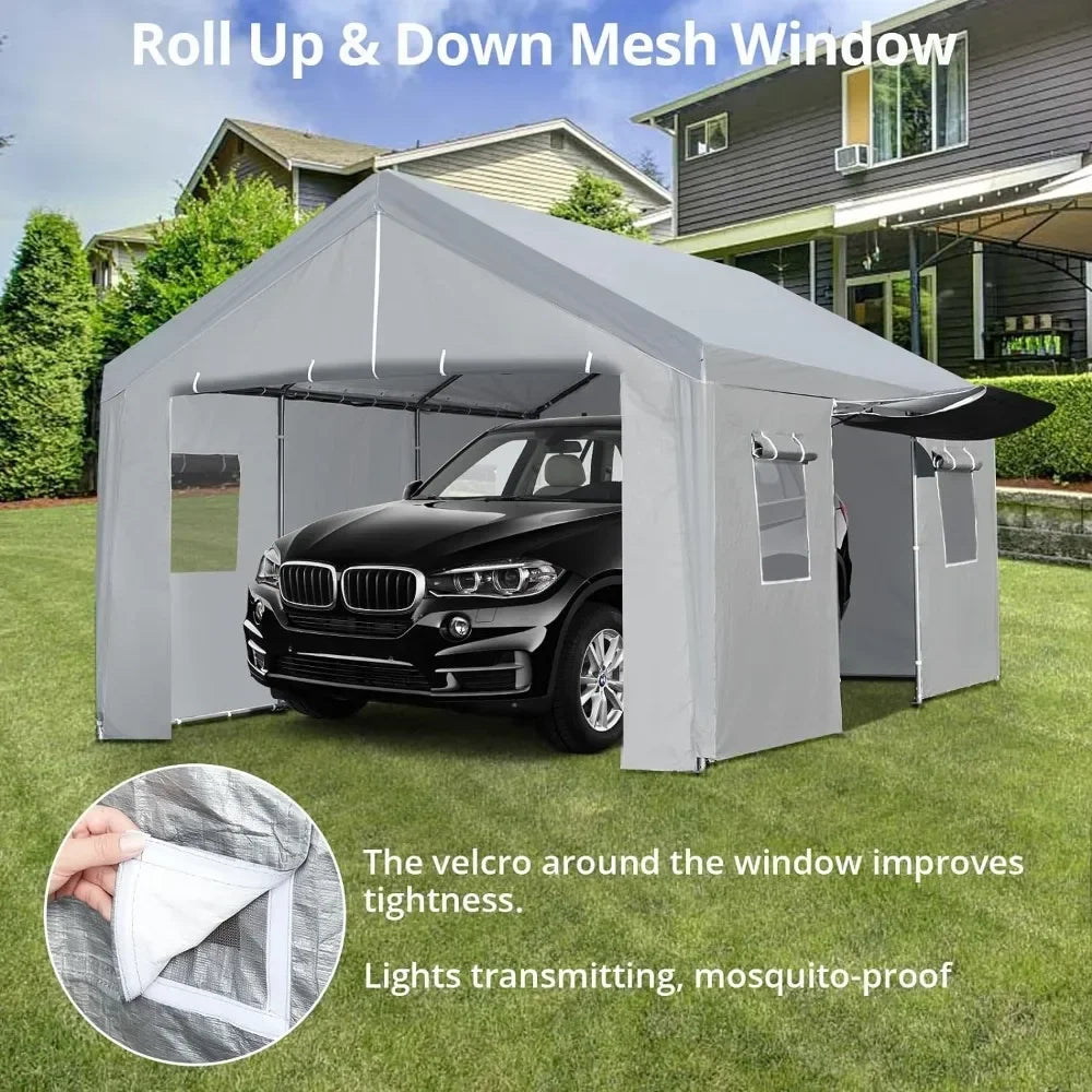 Carport, 13×20 FT Heavy Duty Car Canopy with Ventilated Windows, Removable Sidewalls & Zipper Doors, Portable Garage Boat Tent