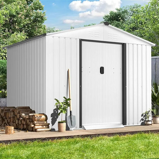Outdoor Garden Storage Shed Tool House Garden Lawn Steel Shed Walk-In 6X8 FT, Gray / Green / White