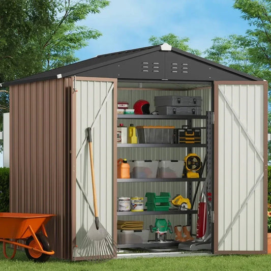 Outdoor Storage Shed 8 X 6 FT with Metal Base Frame, Galvanized Metal Double Lockable Doors, Outdoor Storage