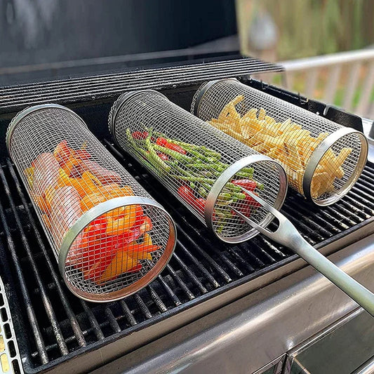 Round BBQ Basket Stainless Steel Rolling Grilling Basket Wire Mesh