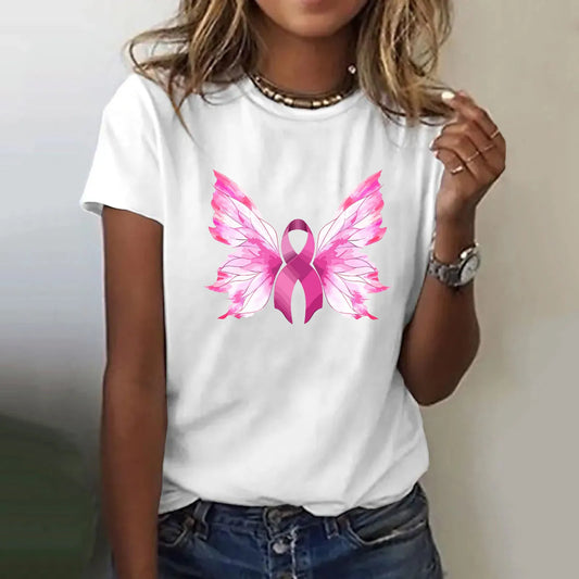 Fashion Butterfly Pink Ribbon Tees Print Breast Cancer Awareness