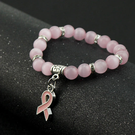 Natural Pink Quartz Bracelet Breast Cancer Awareness Pink Ribbon Pendant Charm Bracelets