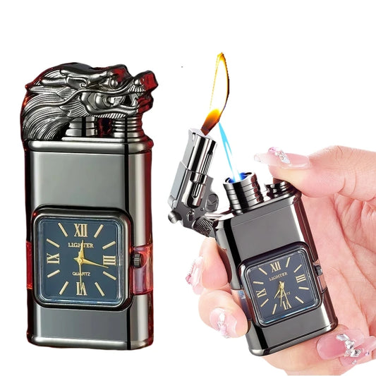 Metal Double Flame Tap Lighter Watch Windproof Camping Outdoor Portable Turbo Torch Butane Gas Lighter Men's Gift