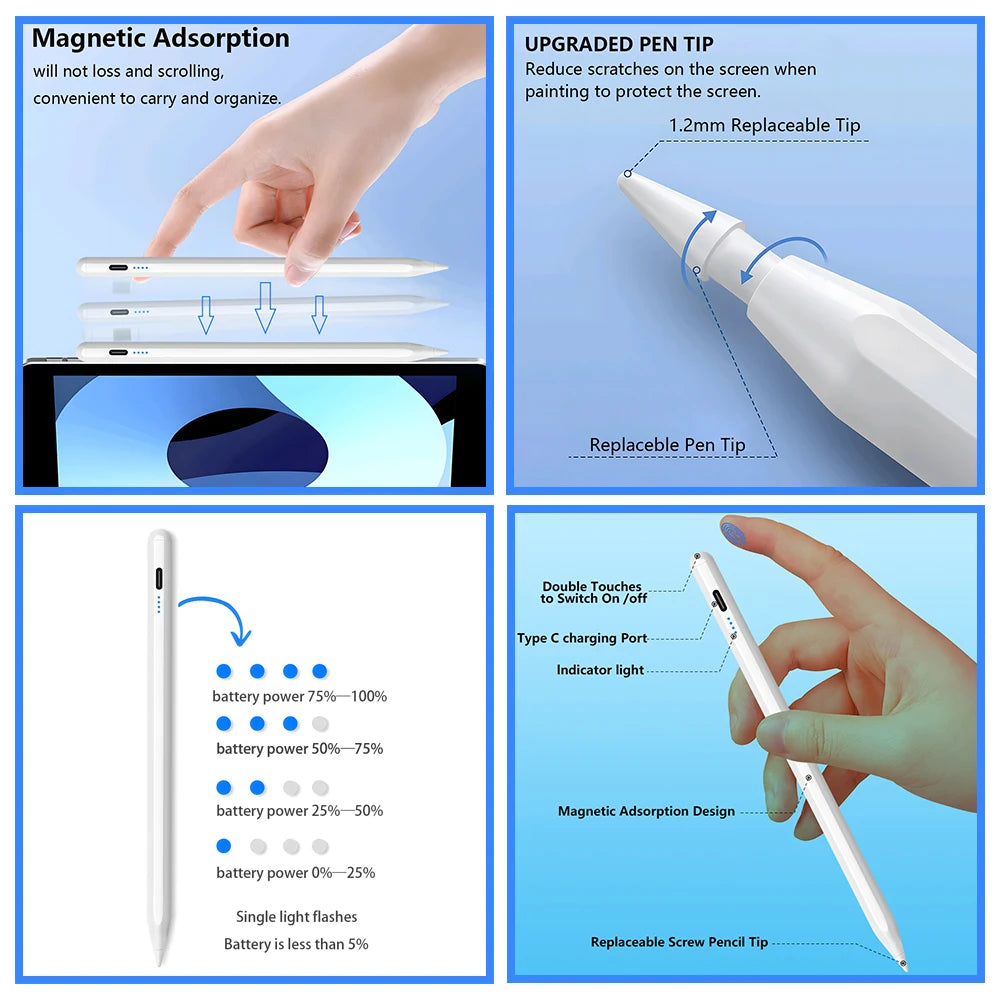 Stylus Pen For Apple Pencil with LED Power Indicators Touch Pencil for 2022 2021 2020 2019 2018 iPad pencil