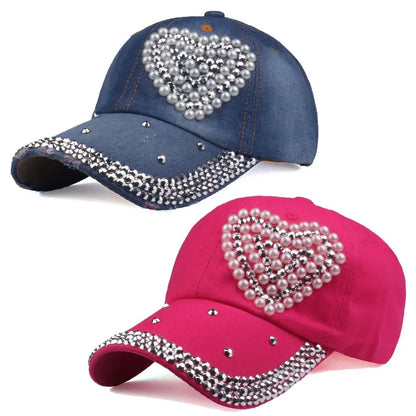 NEW Fashion Adjustable Heart Shaped Rhinestones Studded Peaked Cap Hat