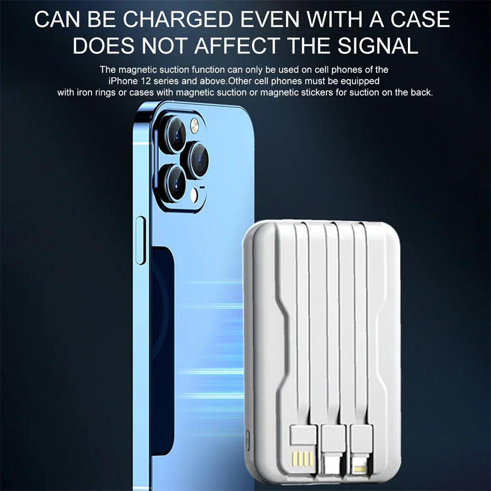 Portable Magnetic Power Bank 10000mAh 15W Wireless Fast Charger Universal Built-in Cable for Apple Android