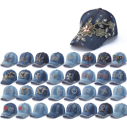 Hip Hop Denim Cap Rhinestone Creative Lip Print Baseball Cap Love Letter Visor Hat For Men And Women