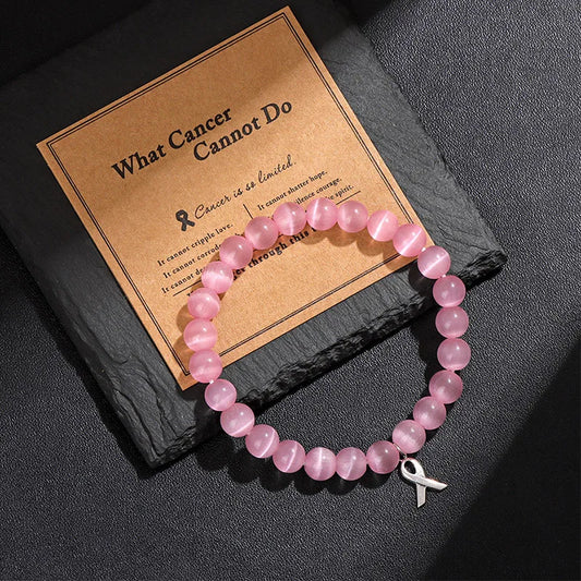 Cat Eye Stone Bracelet Opal Quartz Pink Ribbon Beads Charm Bracelets for Women Breast Cancer Awareness