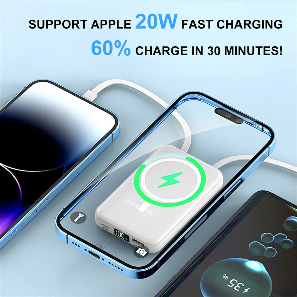 Portable Magnetic Power Bank 10000mAh 15W Wireless Fast Charger Universal Built-in Cable for Apple Android