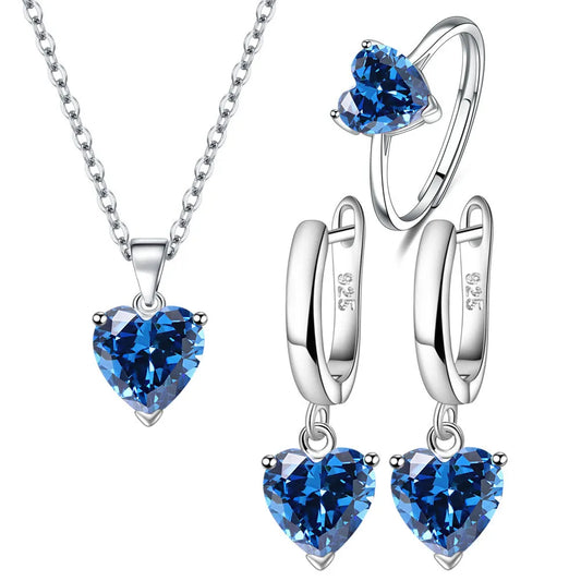 Sterling Silver Jewelry Sets Heart Zircon Ring Earrings Necklace Set™