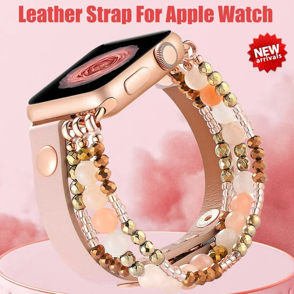 Leather Apple Watch Band Ultra 49mm 40mm 38mm 41mm Women Elastic Beaded Bracelet Series 8 7 6 SE 5 4 3 45mm + 42