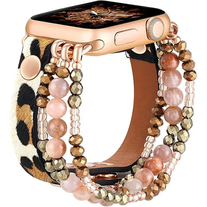 Leather Apple Watch Band Ultra 49mm 40mm 38mm 41mm Women Elastic Beaded Bracelet Series 8 7 6 SE 5 4 3 45mm + 42