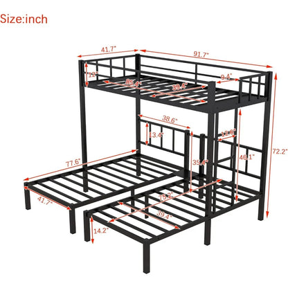 Metal Triple Bunk Bed for 3 Kids, Twin Over Twin & Twin Bunk Beds with Guardrails, Heavy Duty Triple Bunk