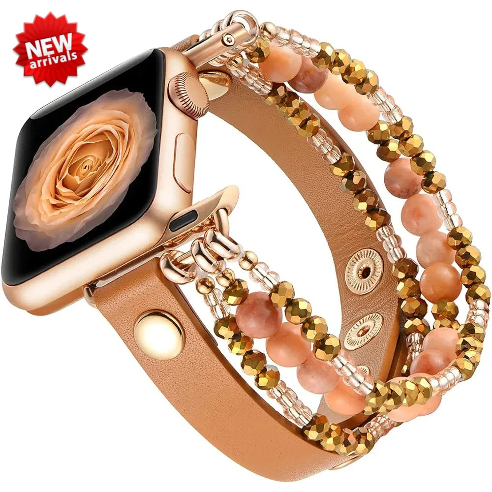 Leather Apple Watch Band Ultra 49mm 40mm 38mm 41mm Women Elastic Beaded Bracelet Series 8 7 6 SE 5 4 3 45mm + 42